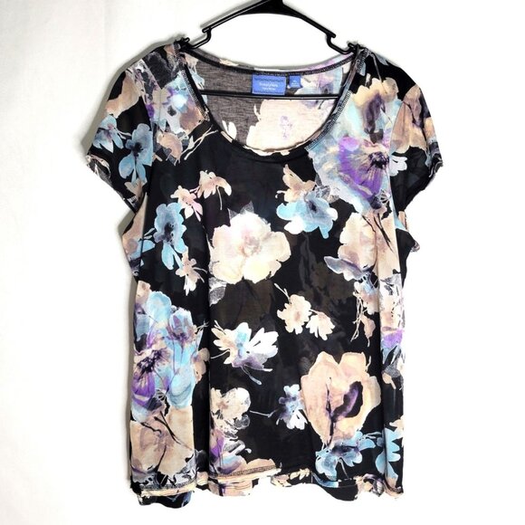 Simply Vera Wang Sheer Overlay Blouse Womens XL Black Floral Latered Top - Picture 1 of 13